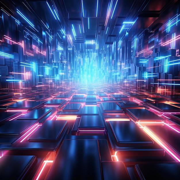 Футуристические технологии Неоновый туннель современный фон Флуоресцентный ультрафиолетовый свет AI ge