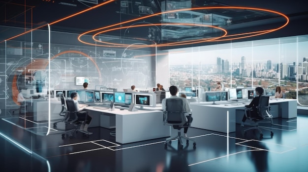 Futuristic technology open space office interior Corporate office for strategy of finance operations marketing