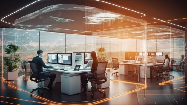 Futuristic technology open space office interior Corporate office for strategy of finance operations marketing