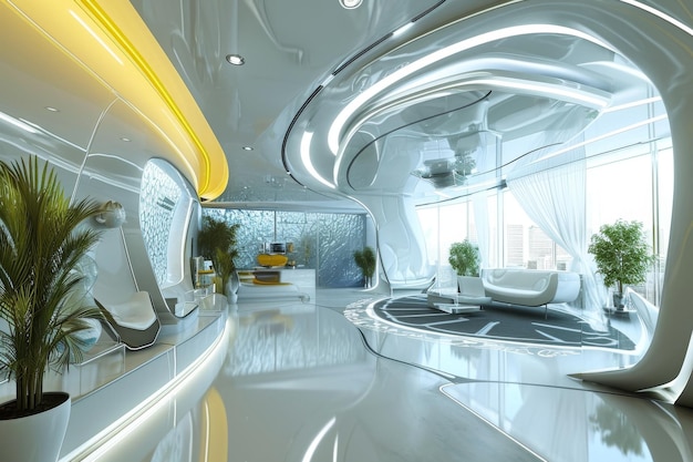 Futuristic technology open space office interior Futuristic office design with modern technology equipment generated AI generated