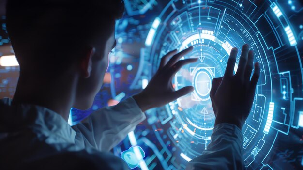 Photo futuristic technology a person in a white lab coat uses a futuristic touch screen interface