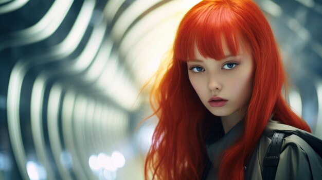 Photo futuristic teen chinese woman with red straight hair photorealistic illustration portrait of a person on futuristic scifi movie background ai generated horizontal illustration