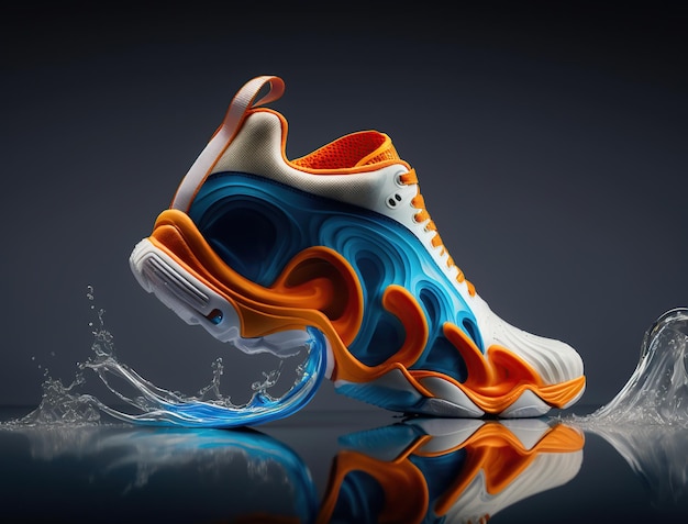 Photo futuristic tennis shoe concept orange and blue liquid form generative ai