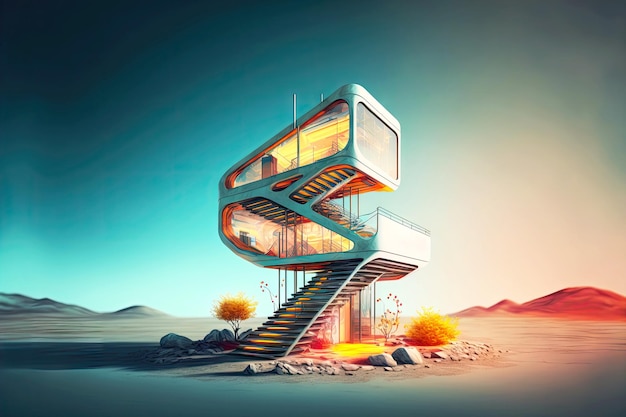 Futuristic tiny house project with stairs on blurred background