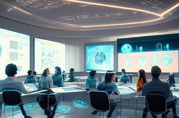 A futuristic touch screen in classroom filled with students learning from interactive holographic