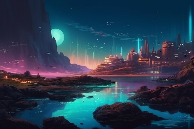 Futuristic town with Neon lights on edge of calm reflecting lake on Mars