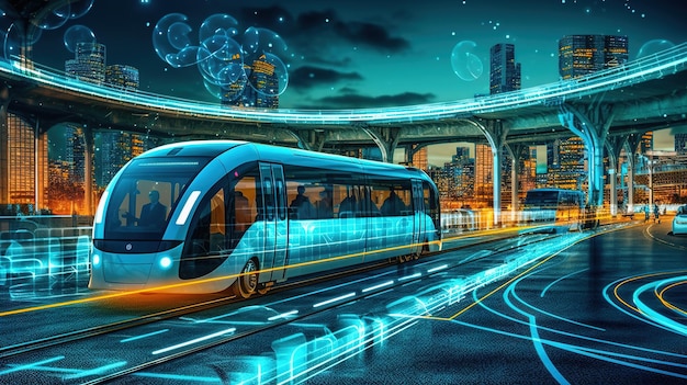 A futuristic train is going through a city.