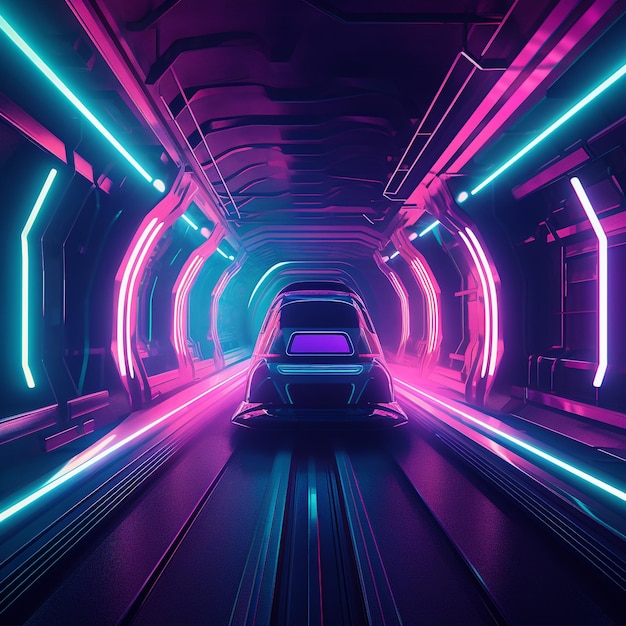 Futuristic Train in NeonLit Tunnel