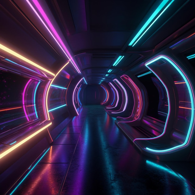 ネオンライトトンネルの未来的な列車