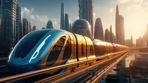 A futuristic train travels through a modern cityscape with tall buildings and a golden sunset in the background