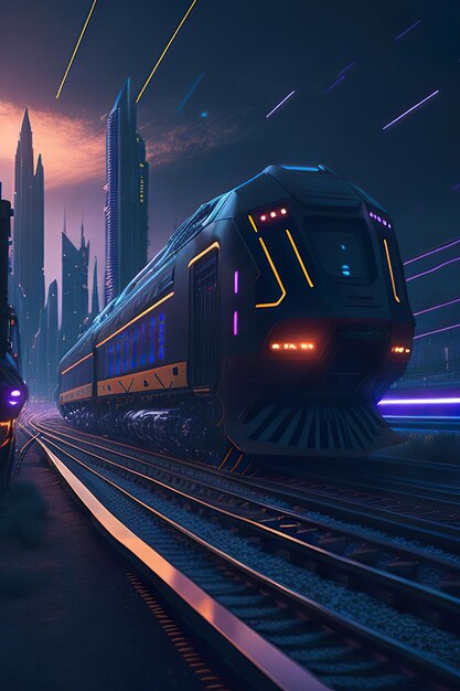 Futuristic train with neon details in cyberpunk background scenery Generative ai