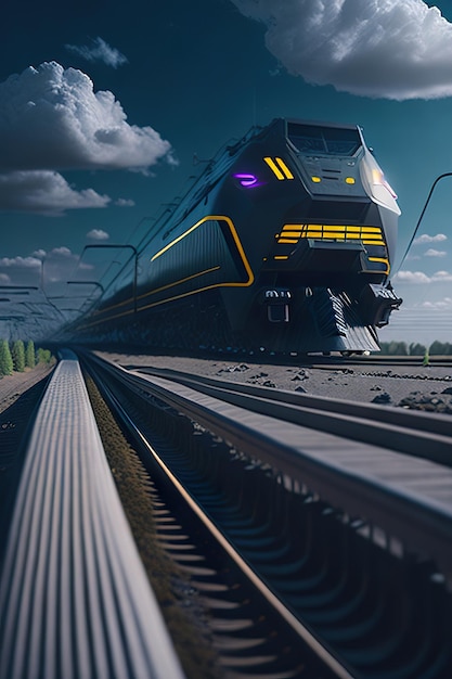 Foto treno futuristico con dettagli al neon in uno scenario di sfondo cyberpunk generativo ai