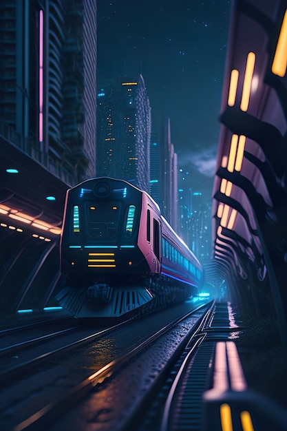 Futuristic train with neon details in cyberpunk background scenery Generative ai