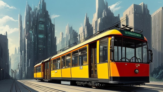 Futuristic tramway transportation in a futuristic city future world