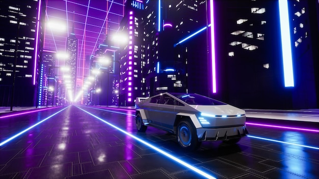 Futuristic transport car on the road in metaverse city 3d render