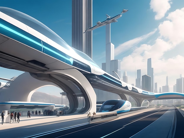 A futuristic transportation hub with highspeed trains flying cars and hyperloop systems