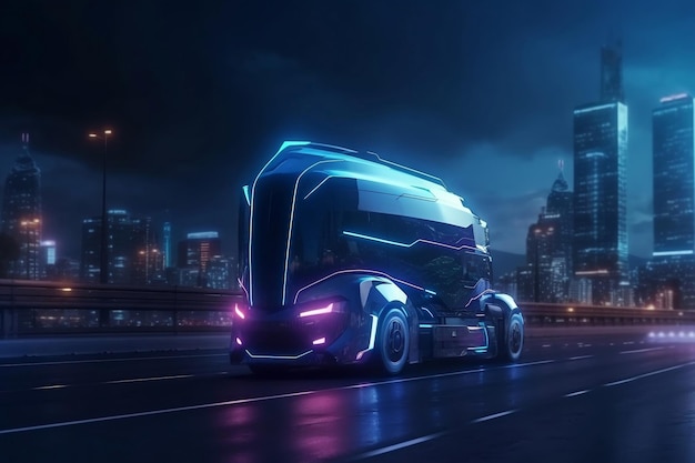 Futuristic transportation truck at ride on the highway and cityscape at night generative ai