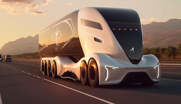 Futuristic truck electric vehicle transportation at high speed on highway Generative Ai