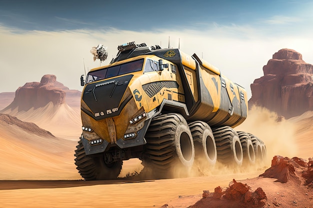 Futuristic truck flying over rugged and wild terrain with stunning views in the background