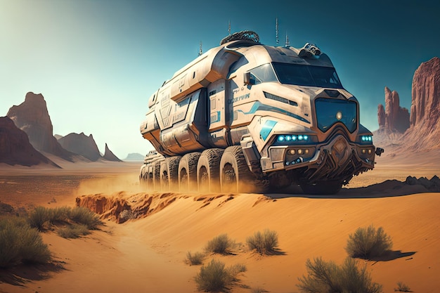 Futuristic truck flying over rugged and wild terrain with stunning views in the background