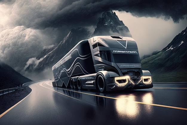 写真 雷雨の中、曲がりくねった山道を走り回る未来的なトラック