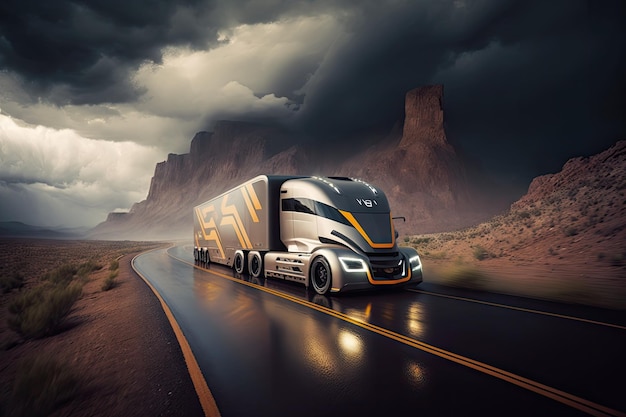 Futuristic truck racing around winding mountain road in the midst of a thunderstorm