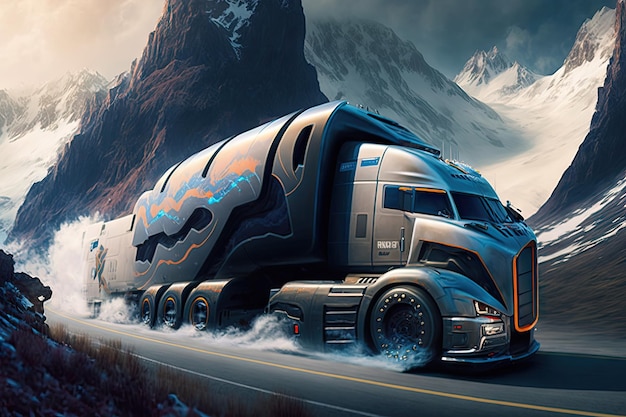 Futuristic truck racing through the winding and treacherous mountainside roads