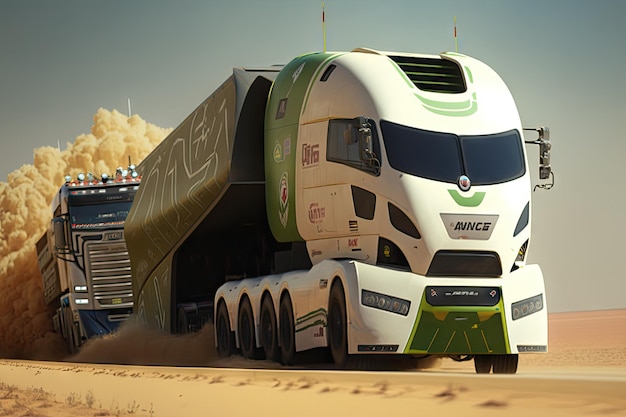 Futuristic truck rally car crossing finish line in close race