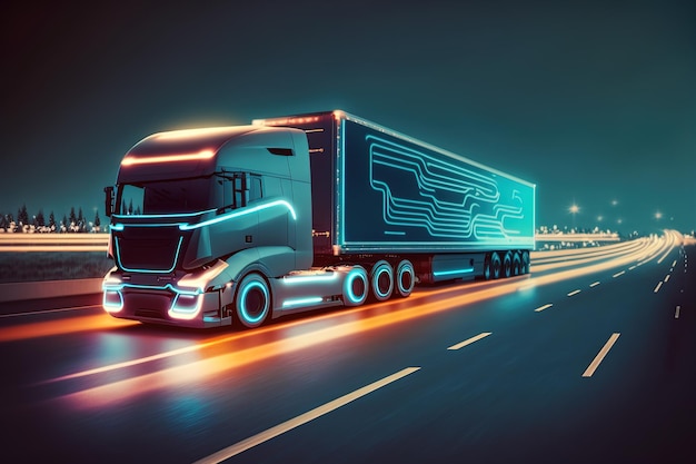 A futuristic truck with an autopilot delivers goods to a warehouse AI