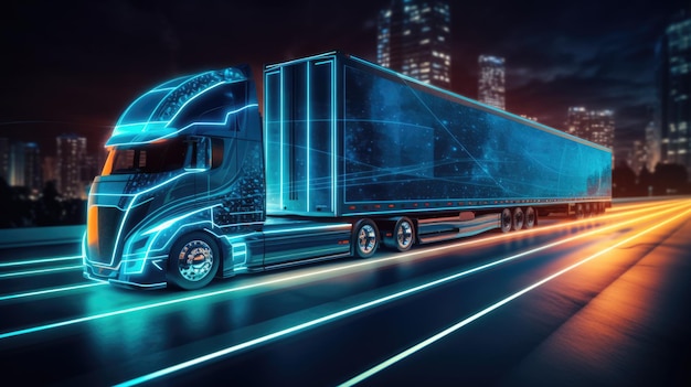 Futuristic truck with neon lights on night roadcreated with generative ai technology