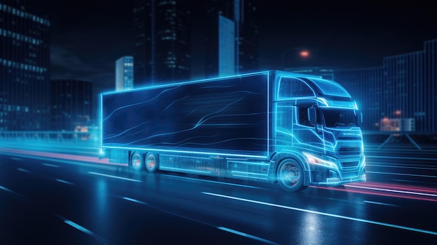 Futuristic truck with neon lights on night roadcreated with generative ai technology