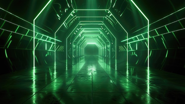 Futuristic tunnel background dark garage with lines of green neon light interior of abstract modern hall or warehouse Concept of studio room technology corridor industry