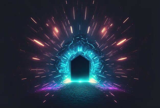 Photo futuristic tunnel background with neon light