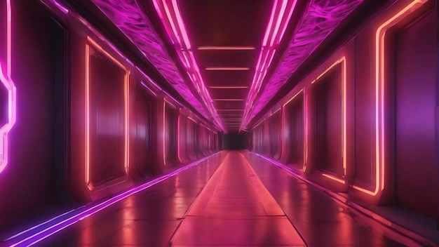 Futuristic tunnel corridor with neon glowing lights a 3d rendering background