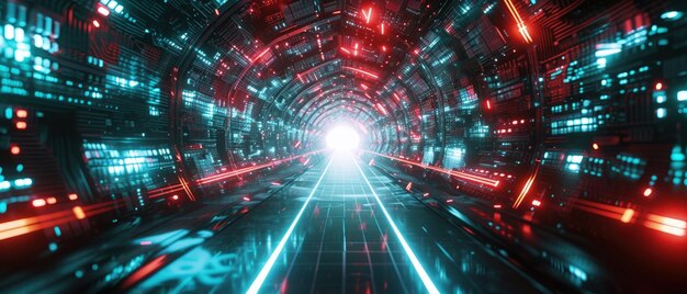 Futuristic tunnel with digital data abstract tech background Perspective view of cyber space dark virtual corridor with neon light Concept of technology future AI network