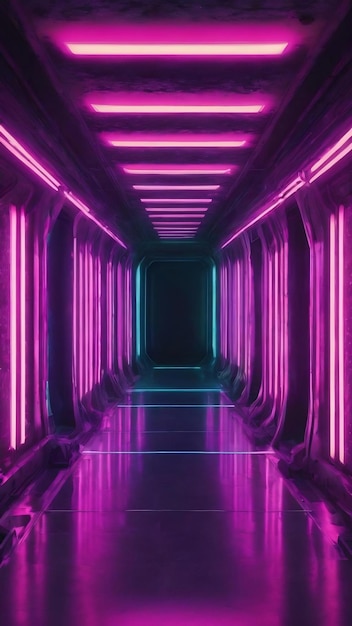 Futuristic tunnel with fluorescent ultraviolet lights