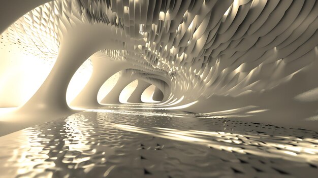 Futuristic tunnel with glowing white waves