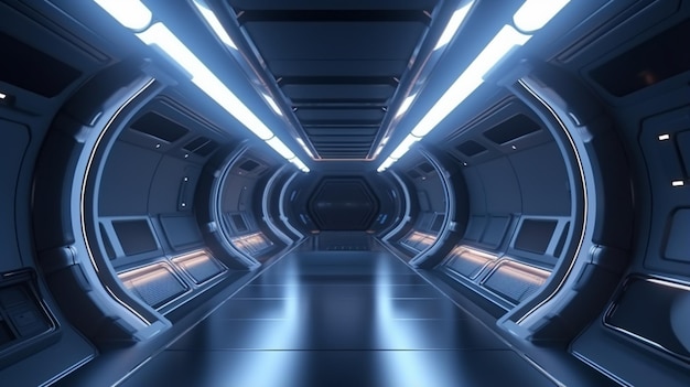 Futuristic tunnel with light spaceship corridor interior view future background