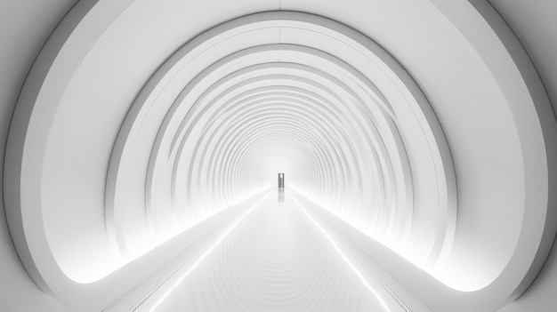 A futuristic tunnel with a man standing in the middle and a light on the end