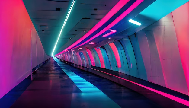 Futuristic tunnel with neon illumination on spaceship