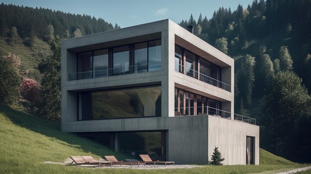 Futuristic twostory glass and cement house in the forest Architecture concept 3d generated