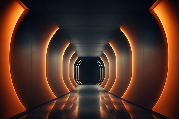Futuristic underground corridor with colorful lights
