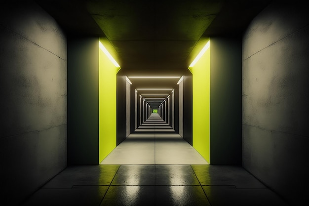 Futuristic underground corridor with colorful lights