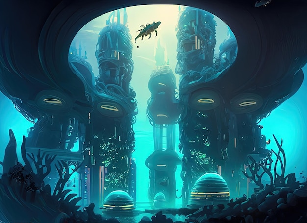 a futuristic underwater cinematic city civilization