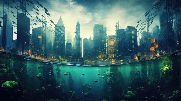 Photo futuristic underwater cityscape with buildings submerged and fish swimming