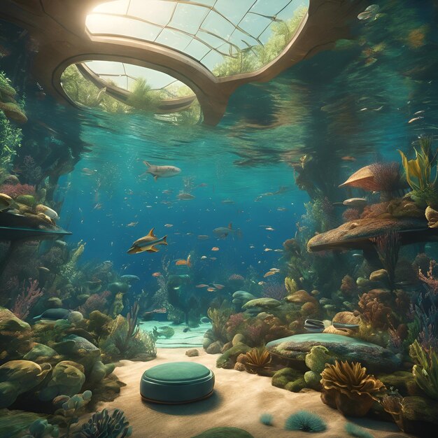 A futuristic underwater habitat with intricate aquatic ecosystems