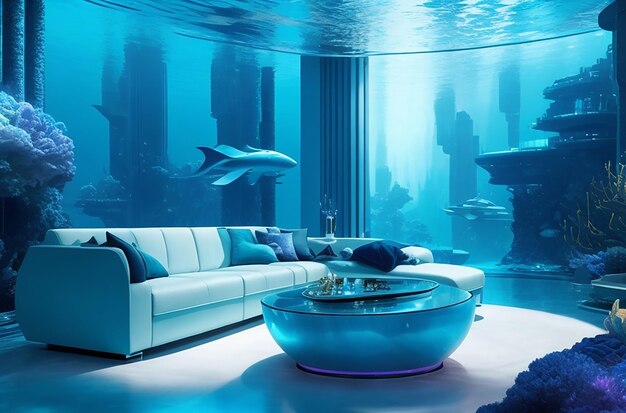 Futuristic underwater living room