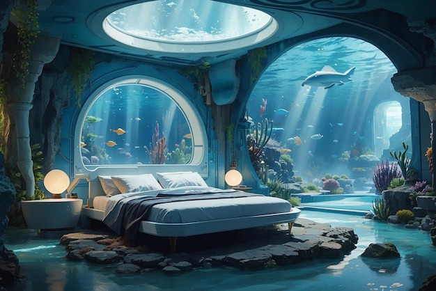 A futuristic underwater undersea bedroom in an undersea habita for journey to atlantis