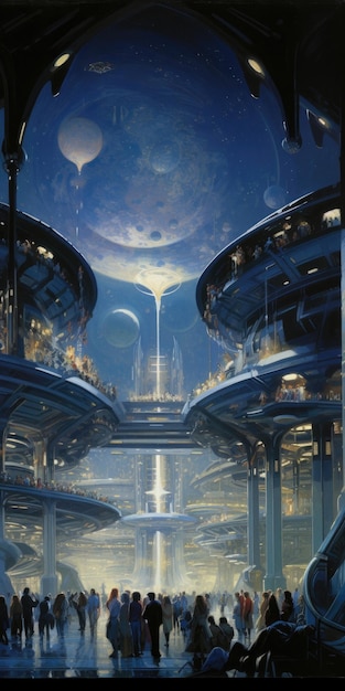 未来的な地下世界の駅のエコ建築油絵のコンセプト