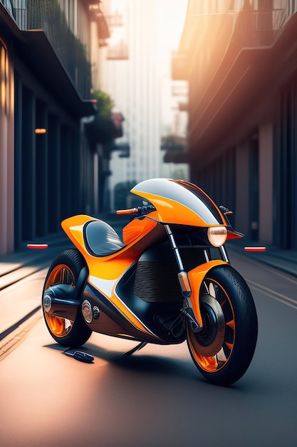 미래의 비현실적인 오토바이가 거리에 주차되어 있습니다. 생성 AI로 만들어졌습니다.